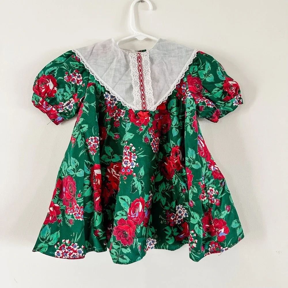Vintage Girls 3T Kalula Kids Green & Red Rose Floral Dress‎ Lace Collar 90's